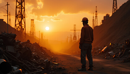 Fototapeta premium A solitary worker in a vast scrapyard surrounded by giant rusted metal piles as the evening sky turns from warm orange to deep purple