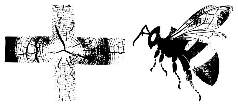 Gritty bee beside cracked tree ring &ldquo;&rdquo;/&ldquo;sting squad&rdquo; meets &ldquo;log slice&rdquo;/&ldquo;growth ring.&rdquo; High contrast B&W stencil with halftone grain, evoking urban edge and natural decay.