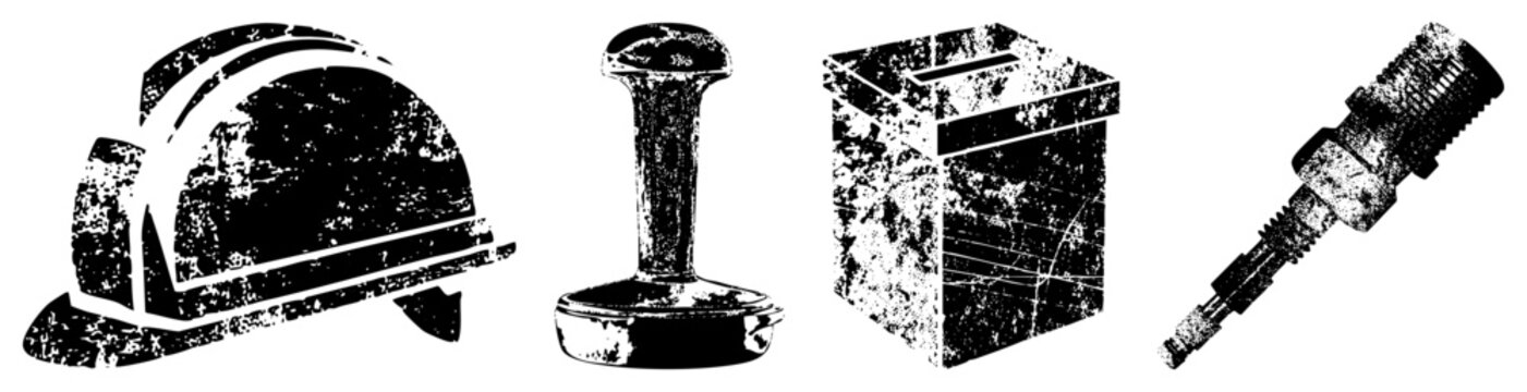Rugged halftone gear hardhat, tamper, toolbox, spark plug roughed like old workshop stamps. Builder&rsquo;s kit, tradesman set, or grungy pack for detail sweating DIYers.