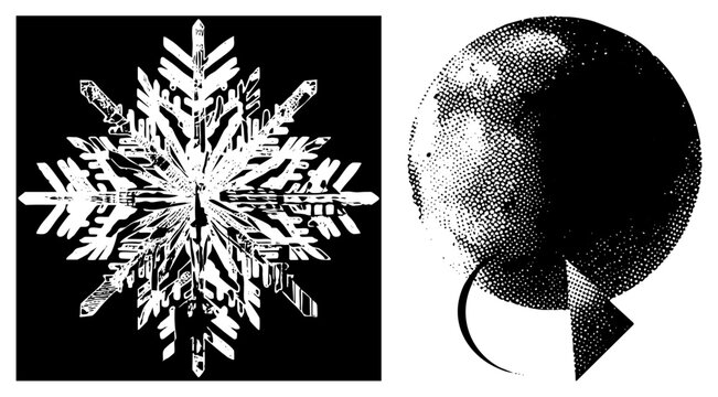 Shattered ice crystal meets a stippled sphere frosty flake or winter glyph with dotted orb and curved arrow., geometric yet retro textured, ideal for cold weather branding or seasonal