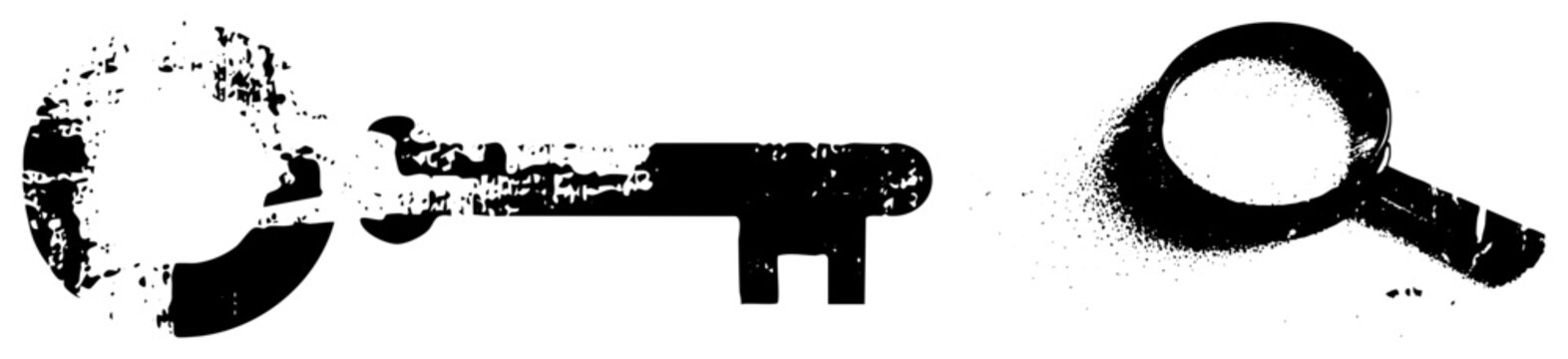 Rugged skeleton key & loupe in gritty halftone, evoking vintage detective vibes aka &ldquo;bump key&rdquo; by. Distressed spray paint look adds street art edge for edgy branding or mystery visuals.