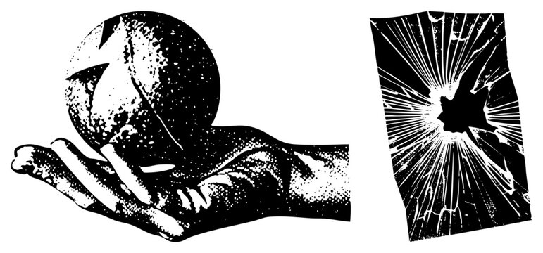 Gritty halftone hand holds a fragmented sphere broken globe or shattered orb near a jagged, splintered glass pane. Think "crack panel" or "smash window." Raw, high contrast vector evokes urban decay