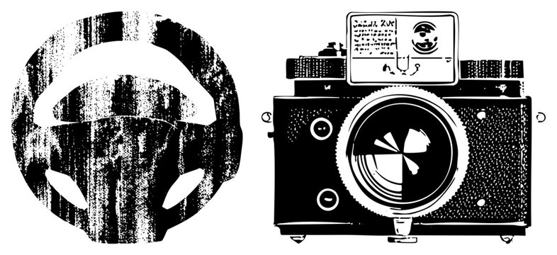 Retro film shooter with halftone grit, rangefinder vibe, analog gear grainy cutout screams &ldquo;film nerd&rdquo; & &ldquo;darkroom relic,&rdquo; clean vectors for modern design.