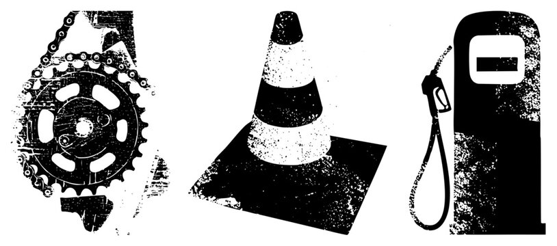 Rugged halftone graphics feature, chain, road cone, fuel dispenser &ldquo;gearhead&rdquo; or &ldquo;pit crew&rdquo; visuals. Gritty symbols evoke workshop, roadside urgency, garage culture with raw texture, bold c