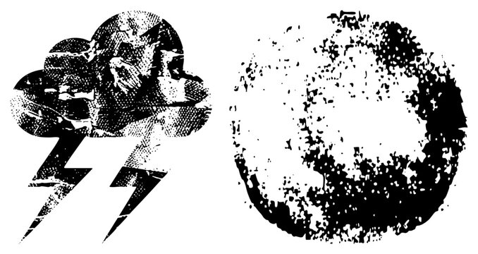 Thunderhead with jagged zaps, glyph, halftone weather symbol gritty cloud burst splatter ring. Called &ldquo;lightning bug&rdquo; or &ldquo;sky crack&rdquo; rurally. High contrast cutout for edgy branding.