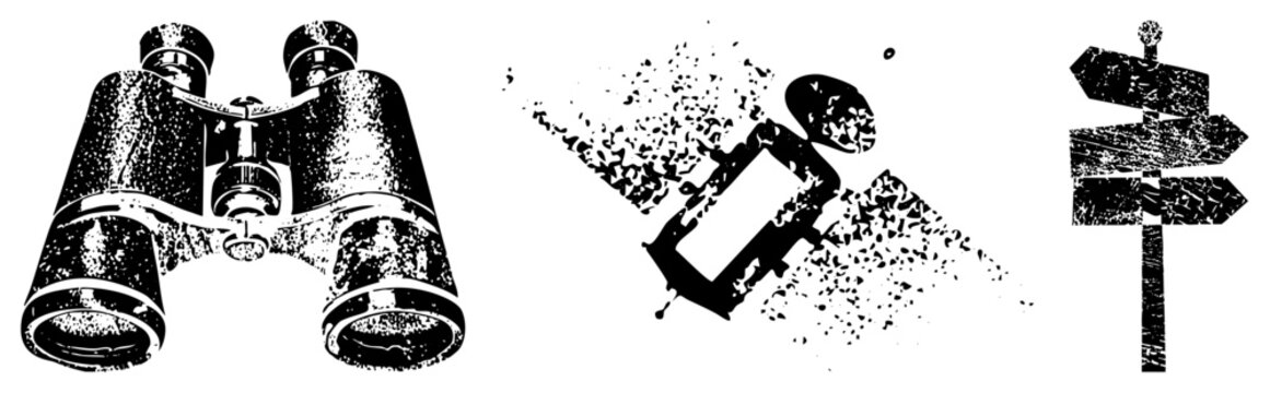 lenses peer through halftone grit, shattered compass spins in ink splatter dubbed &ldquo;spyglass&rdquo; or &ldquo;birdwatcher&rsquo;s eyes&rdquo; beside a rustic signpost guiding lost souls. Gritty glyph set for vintage