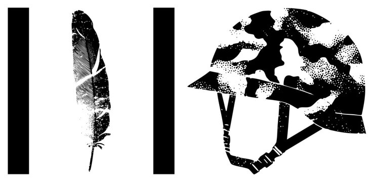 Rugged combat helmet in gritty halftone battle dome or trooper cap paired with weathered feather (quill guard/war plume), stark black and white contrast for visual punch.