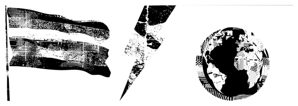 Wavy halftone flag, crackling zap bolt, fragmented globe gritty, broken. Raw vector symbols evoke street art stamps or punk zine graphics.