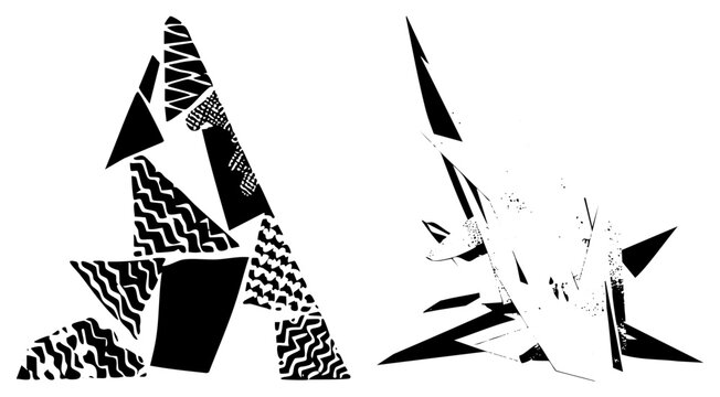 Bold A shattered into jagged pieces with wild zigzags, dots, waves called &ldquo;shatter font&rdquo; or &ldquo;crack glyph&rdquo; right side explodes outward like broken glass.