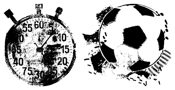 Gritty stopwatch classic football (soccer/footy) in bold halftone. Fragmented motion, distressed edges street art &ldquo;pitch&rdquo; or &ldquo;matchball&rdquo; vibe for high impact visuals.