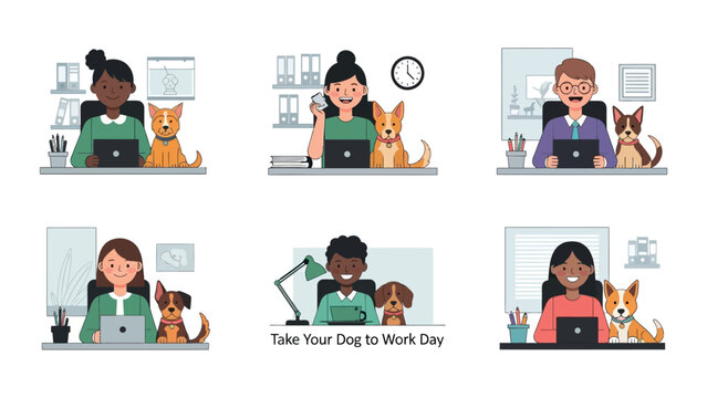 Diverse people with dogs at work.
