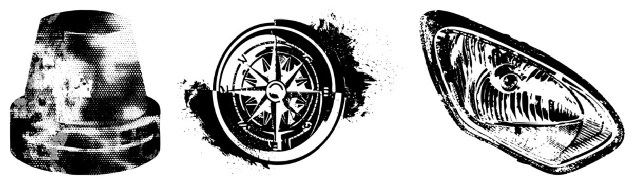 Rugged halftone compass rose, splattered ink, stenciled headlight lens, vintage nav gear &ldquo;old school wayfinder&rdquo; or &ldquo;ink smeared dial.&rdquo; Gritty vector set with decayed textures, bold for edgy