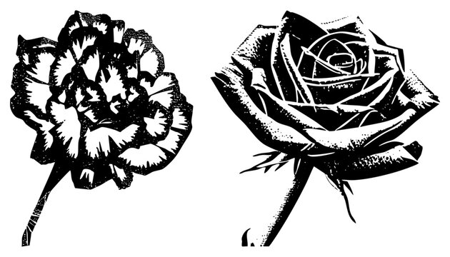 Two high contrast blooms rose (love flower, garden queen) and peony (blushing, herbaceous bloom) in stark with halftone grain. Vintage meets modern vector cutout, ideal for tattoo