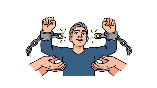 Man breaking free from metal chains.