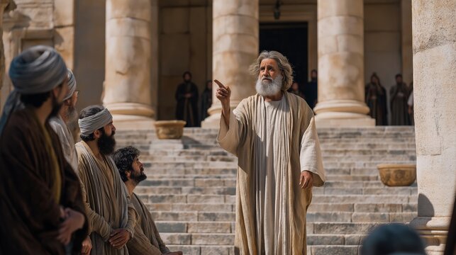 Jeremiah standing at the entrance of the temple in jerusalem raising his voice toward worshippers entering with offerings under harsh daylight and tension-filled confrontation.