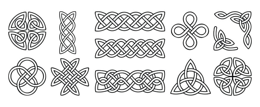 Set of celtic knot patterns and linear ornaments for decorative design or graphic project.