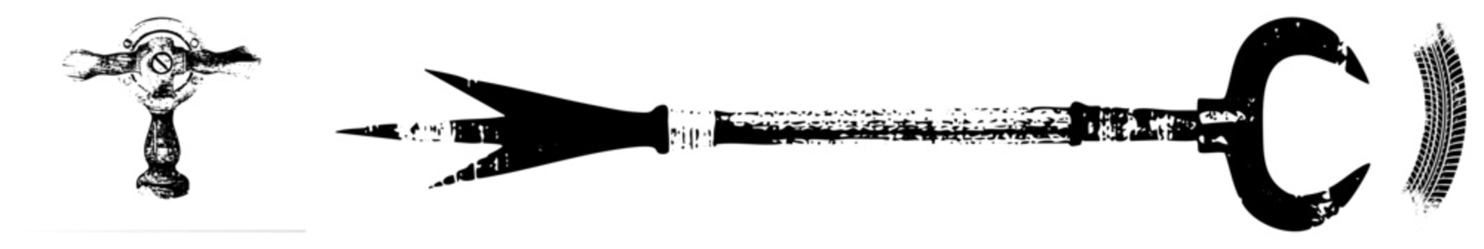 Rustic trident, aka pitchfork or sea spear, in gritty halftone with chipped edges. C shaped hook adds nautical flair fisherman&rsquo;s fork or ocean prong perfect for vintage branding or edgy.