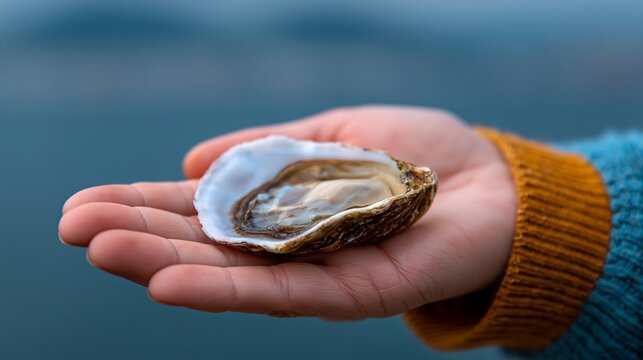 Hand holding an open oyster with a visible pearl inside against a blurred coastal background, showcasing the shell's texture and natural beauty