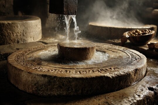 Traditional stone grinder with flowing water and steam