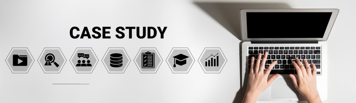 Close-up view of hands typing on a laptop surrounded by icons representing case study elements, highlighting the importance of data analysis and strategic planning in a business context. Ledger