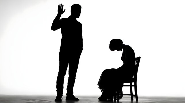 Silhouettes of two people show a conversation with one standing and one sitting in a plain space during daylight hours