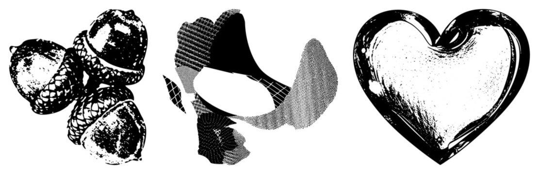 Rustic acorn trio (oak nuts/caplets) glossy heart like shattered gem gritty halftone. Abstract center mimics broken mirror, punk stencil vibe ideal for edgy branding/tattoo flash.
