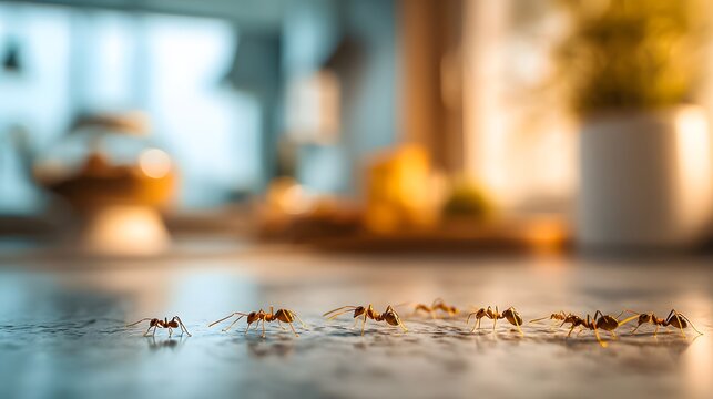 Ants moving across a kitchen counter in a home during the afternoon with sunlight shining through the window