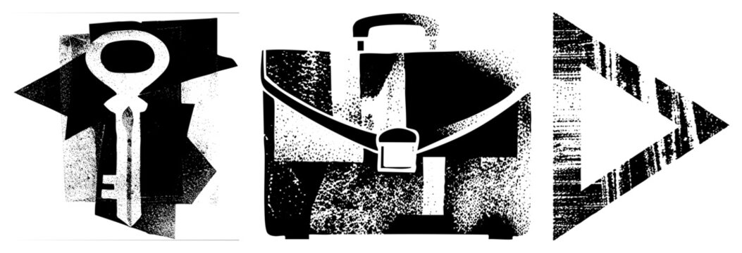Grunge key, briefcase, and forward arrow in high contrast halftone &ldquo;screenprint&rdquo; or &ldquo;dot matrix&rdquo; vibe. Punchy, retro for edgy, uncluttered branding.