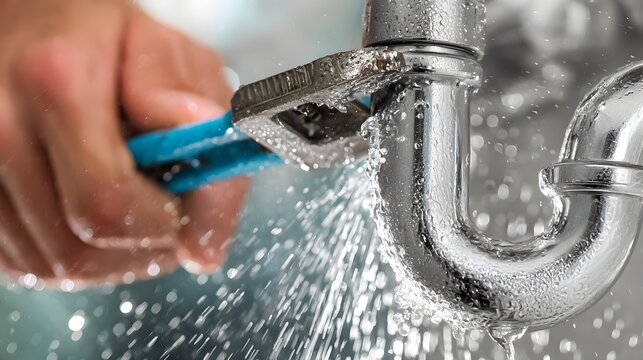 Plumber fixes water leak with adjustable wrench at home in the afternoon