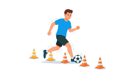 Obraz premium Man kicking soccer ball around cones on for training