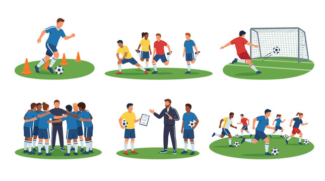 Illustration of various soccer players in action on green fields with coaches