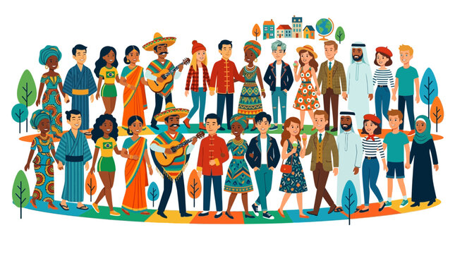 Diverse group of people from different cultures standing together in unity and celebration