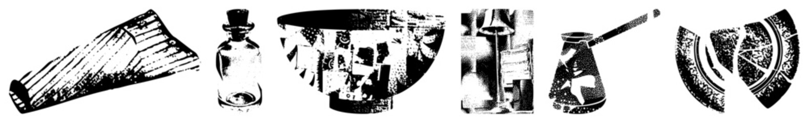 Obraz premium Gritty halftone & retro bottles, dubbed “ art” or “碎玻璃画” ideal for edgy branding or dark posters blending decay with design.