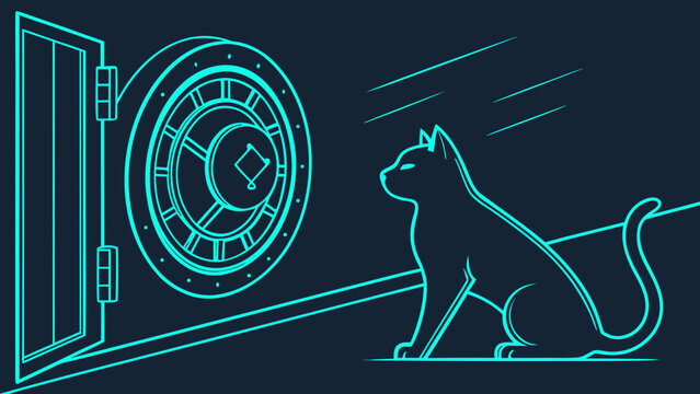 Cat sitting in front of a heavy metal bank vault door