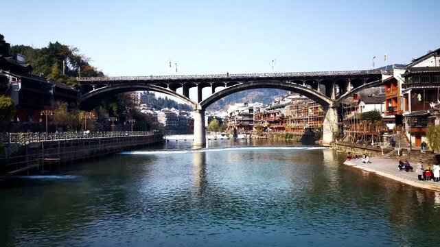 Stone Arch Bridge Over Tuojiang River in Fenghuang Ancient Town, China