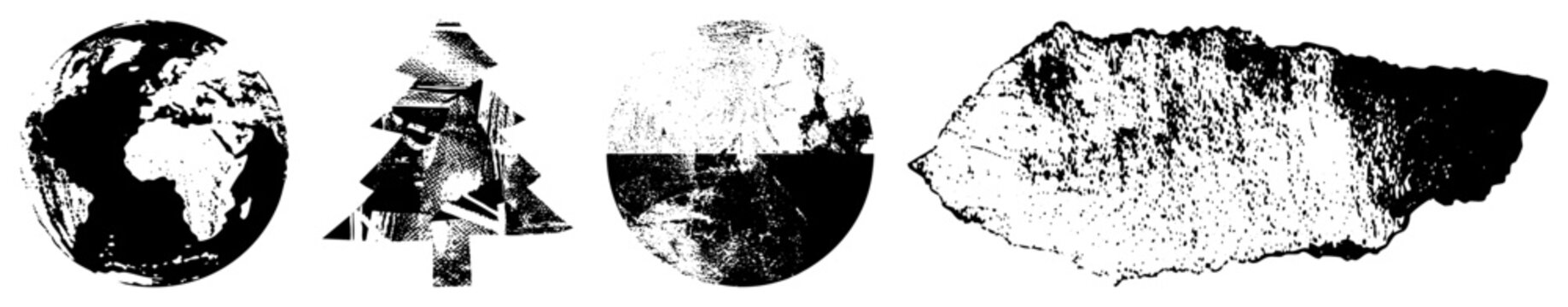 Grunge vector dotted Earth, pixel pine, abstract land, torn terrain. Called dot matrix globes or stipple trees ideal for retro posters, indie branding.