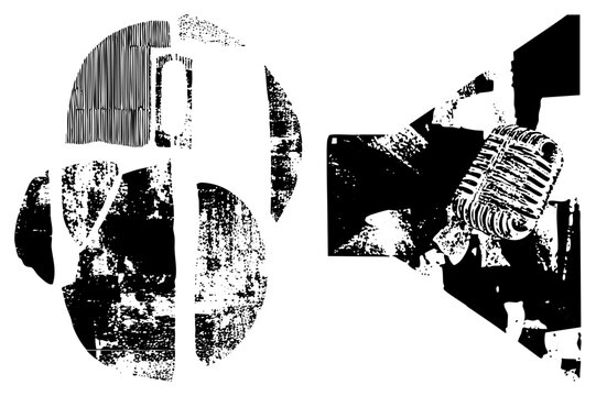 Vintage mic, beatbox gear, boombox vibes gritty textures on headphones/mic. Rough halftones streetwise, studio energy for urban branding or gig posters.