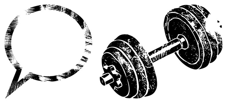 Rugged iron dumbbell meets chat, gym slang "iron" and "chuck" collide in gritty halftone texture perfect for workout motivation posters or fitness branding with raw energy.