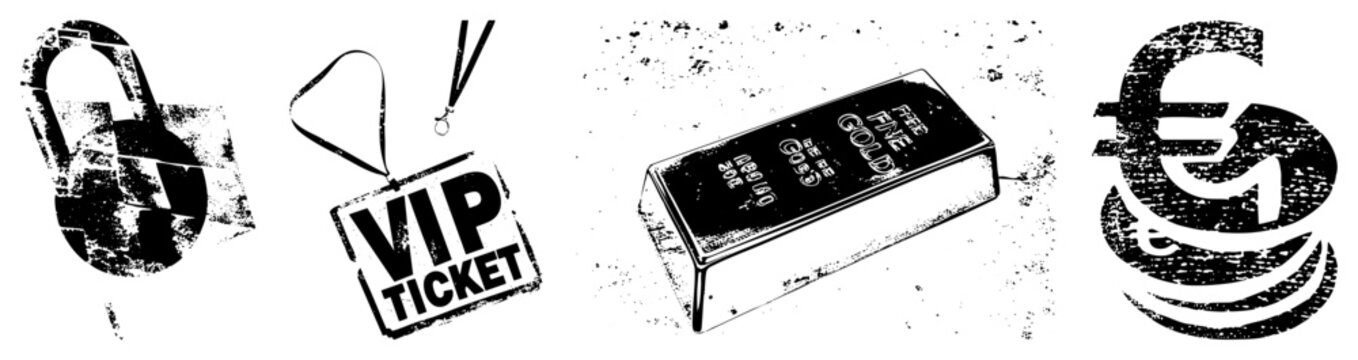 Raw halftone graphics padlock, VIP pass, gold ingot, euro sign gritty street art vibe. Locals call it &ldquo;grime glyphs&rdquo; or &ldquo;urban stencils.&rdquo; Ideal for edgy branding or event swag.
