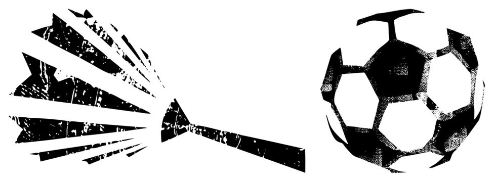 Football explodes mid air, pieces flying like shrapnel footy, boot ball, pitch rock in grunge halftone. Explosive motion, gritty texture screams street sport energy. Ideal for edgy merch or urban sp