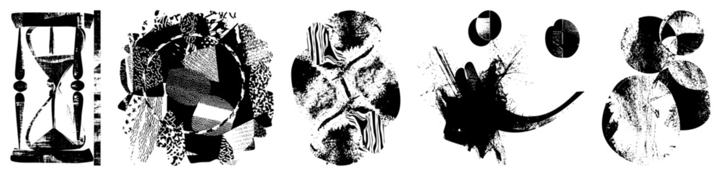 Gritty black and white montage sand timer, ink splatters, geometric &ldquo;ink blot chaos&rdquo; or &ldquo;grunge doodle collage.&rdquo; Raw, hand printed feel for edgy branding or urban posters.
