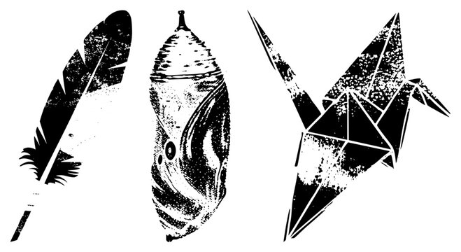 Rugged halftone trio quill pen, chrysalis, paper bird nicknamed &ldquo;ink feather,&rdquo; &ldquo;bug pod,&rdquo; or &ldquo;folded crane.&rdquo; Gritty texture and stark contrast make each pop solo.