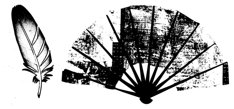 Gritty halftone feather & fan design, aka &ldquo;ink splatter&rdquo; or &ldquo;grainy print,&rdquo; ideal for vintage posters, tattoo flash. Rough texture adds streetwise edge great for edgy branding or apparel.