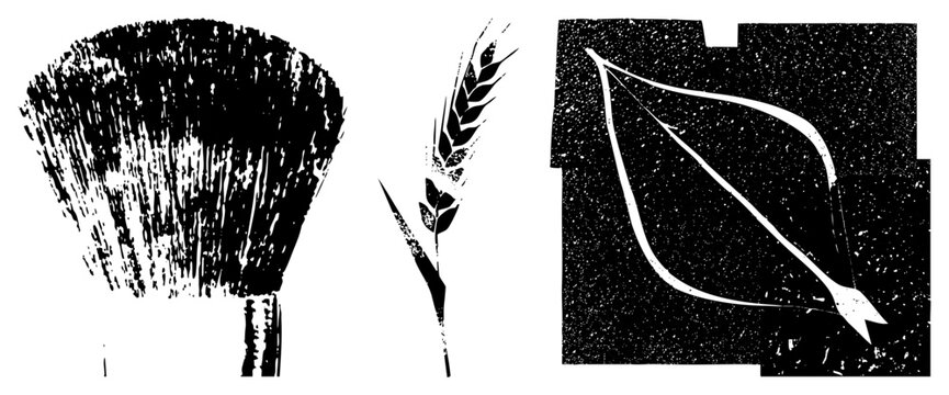 Rugged brushstroke fan, grain stalk, leaf arrow in high contrast black/white &ldquo;grit &rdquo; or &ldquo;ink smeared glyphs&rdquo; ideal for rustic branding, vintage posters. Raw, textured vectors with organic pun