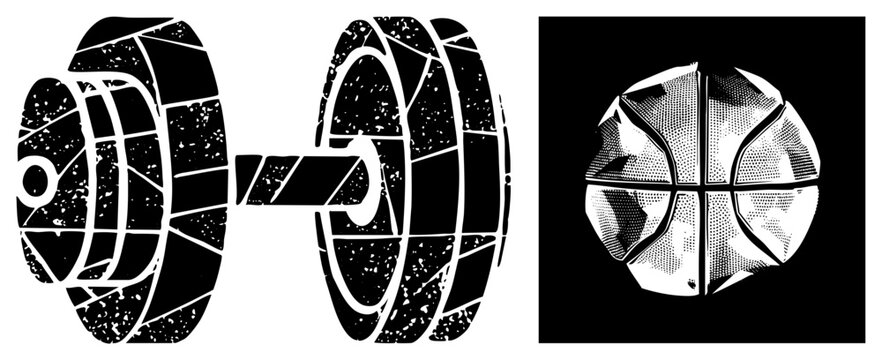 Gritty gym cracked dumbbell (iron/ weight) splintered basketball (rock/hoop ball), high contrast halftone, distressed textures raw athletic energy.