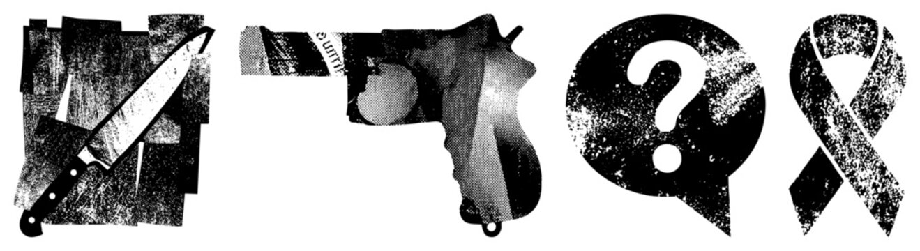 Rugged halftone graphics depict a blade, boomstick, question mark, and awareness ribbon street slang shank, heater, brain teaser, cause loop. Raw, textured, high contrast for bold visuals.