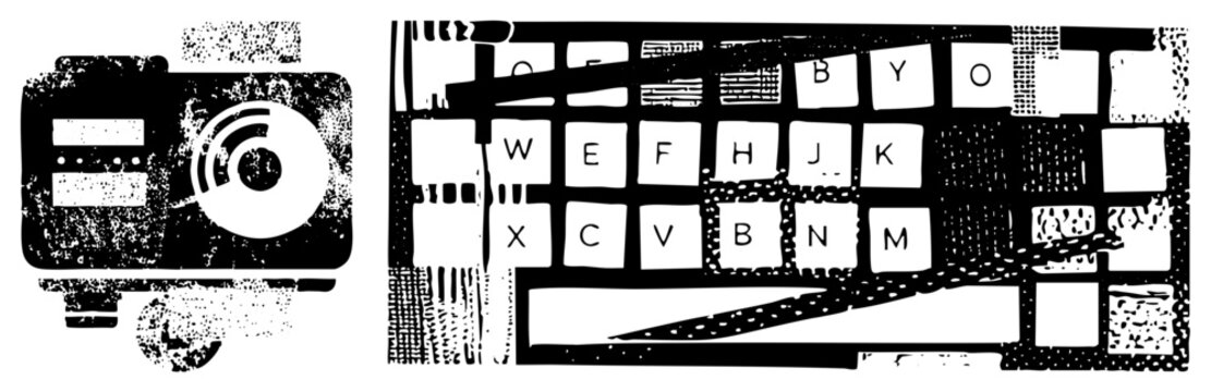 Retro boombox & QWERTY keyboard in gritty halftone street slang &ldquo;ghetto blaster&rdquo; or &ldquo;keymasher&rdquo;. Cutouts scream urban decay, ideal for edgy branding or punk merch.