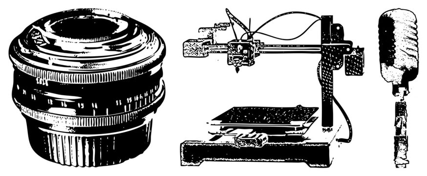 Retro lens, 3D printer rig, shotgun mic in gritty halftone shutterbug gear meets maker tech, pixel grain textures, ideal for design nerds & analog digital hybrids.
