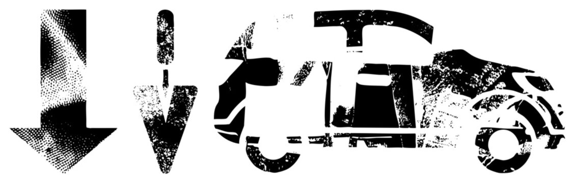 Rugged ride, beater car graphic with gritty halftone texture, arrow indicators pointing down streetwise vector cutout for urban branding or sticker design.