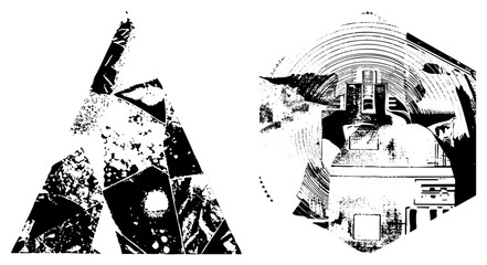Fototapeta premium Abstract vector cutout merging broken letterforms & gritty halftone swirls “ink smeared glyph” or “grunge rune.” Raw texture, fragmented geometry evoke urban stencil digital decay. Ideal for edgy
